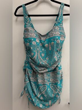 Turquoise Paisley Ruched Swimdress sz XL (14-18)